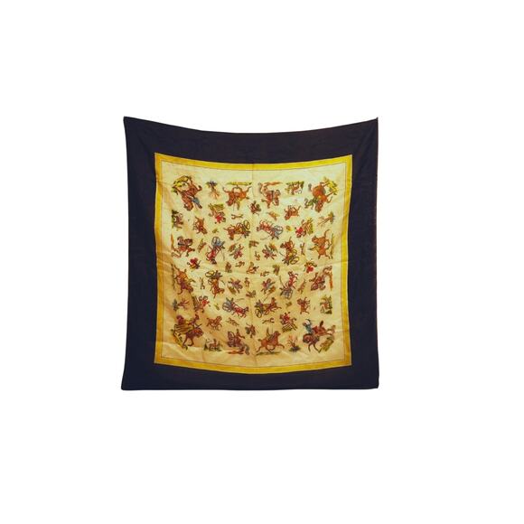Unbranded Accessories - Vintage Equestrian Scarf Navy Gold Horse Fox Hunt Carriage Print 31x33